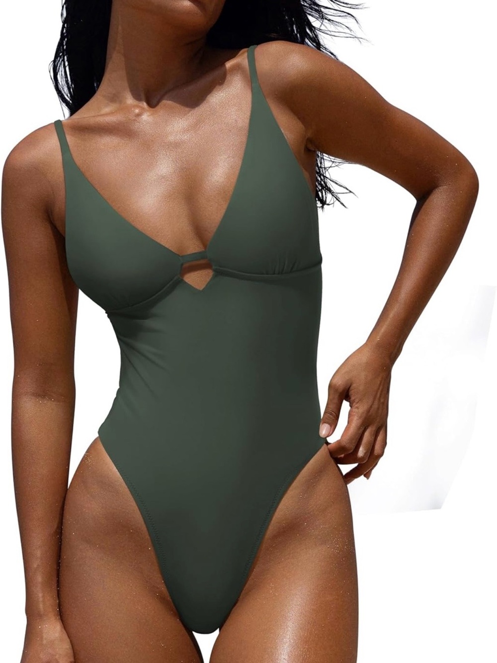 Olive Green V-Neck One-Piece Swimsuit with Front Keyhole
